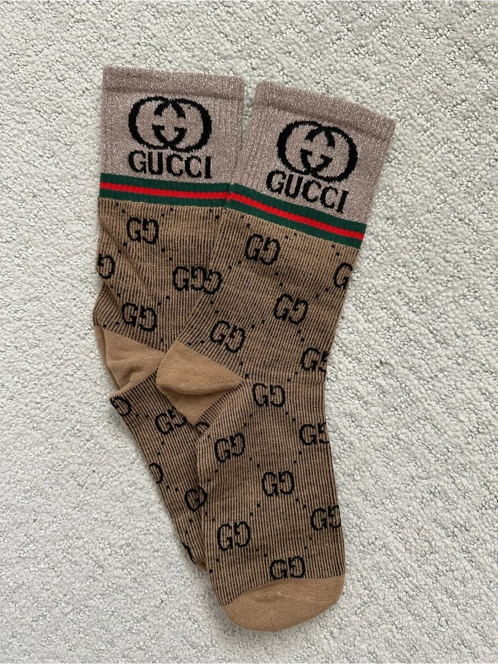 LAST PAIR LEFT! Gucci Brown & Beige GG Logo Crew Socks with Green-Red Stripe